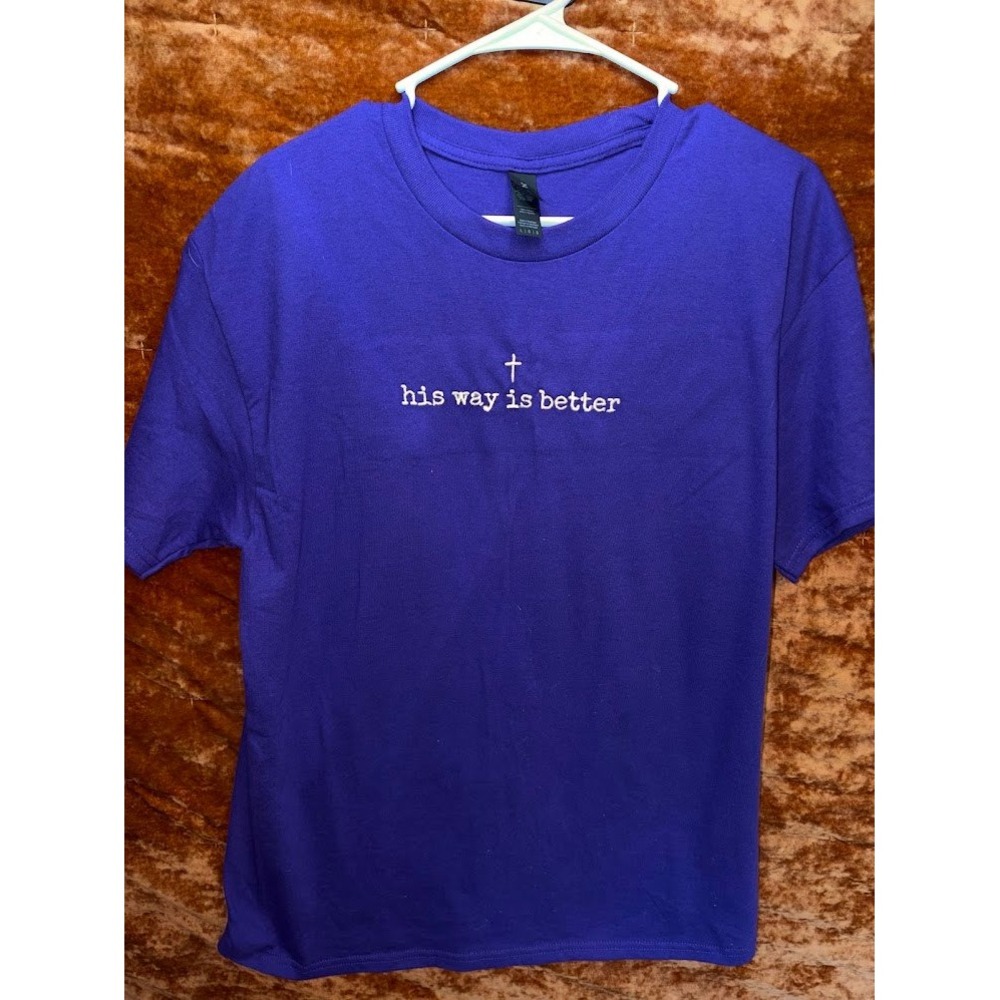 Gildan Purple His Way Is Better Christian Cross Embroidered T-Shirt Large